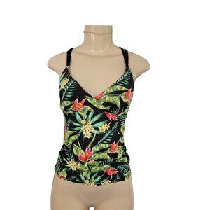 Calia Strappy Tropical Print Ruched Surplice Neck Tankini Top